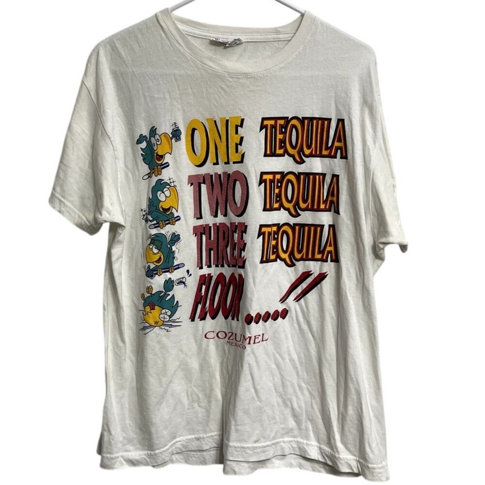 Y2K White Tequila Parrot Humor Comedy Joke Cozumel Mexico Tee Shirt Size XL